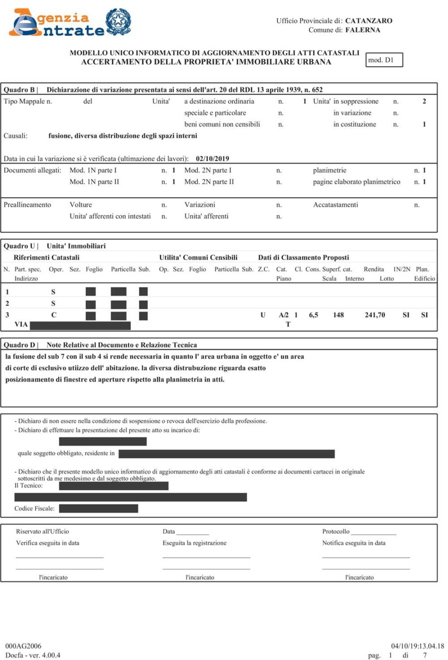 Documento di esempio Aggiornamento Planimetria Catastale