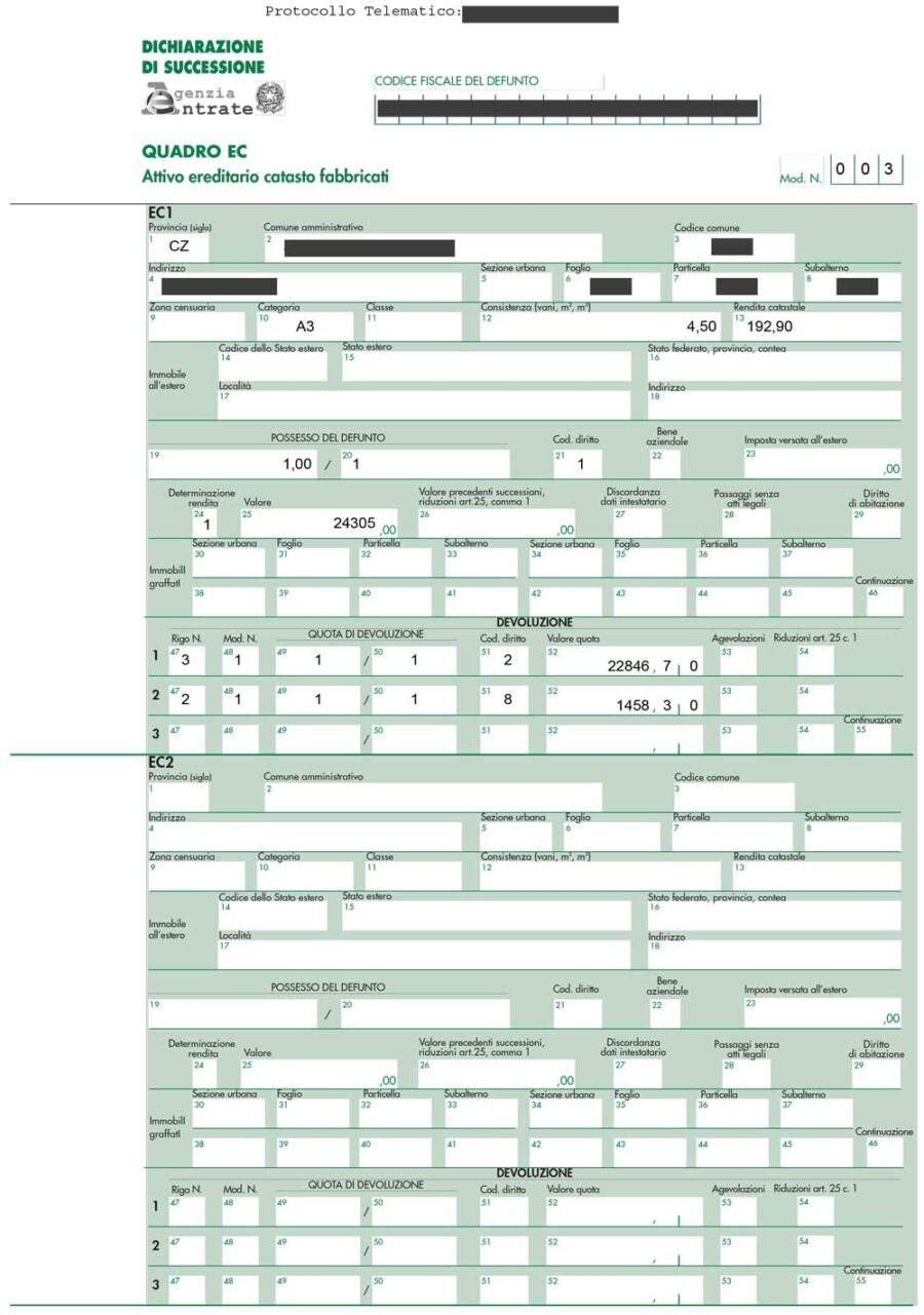 Documento di esempio Dichiarazione di Successione
