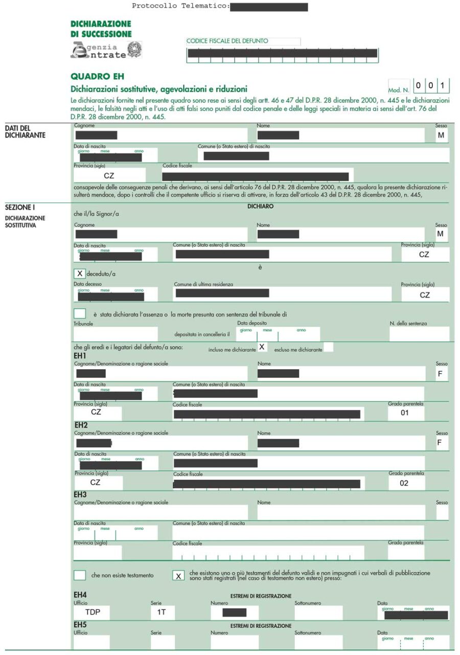 Documento di esempio Dichiarazione di Successione
