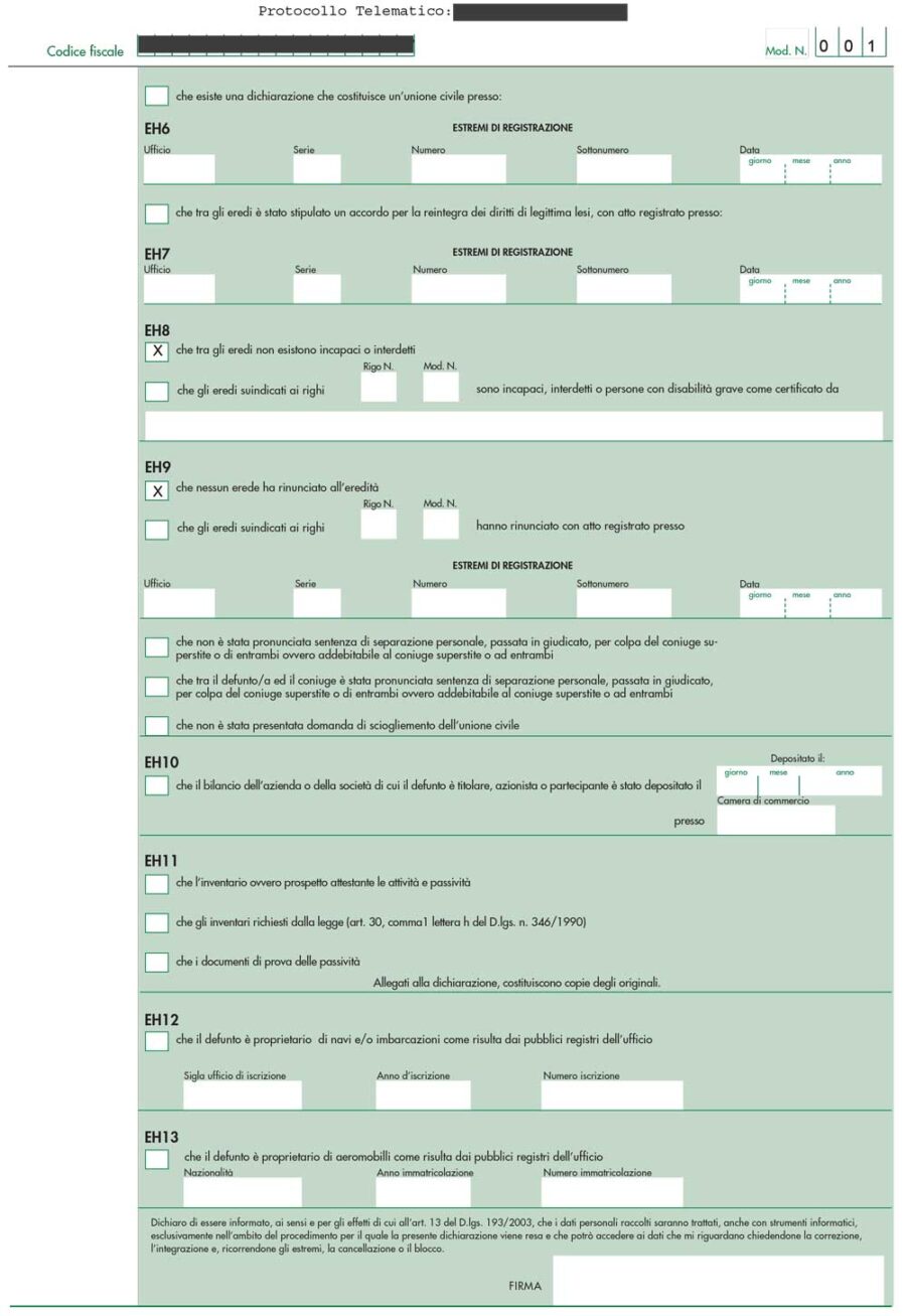 Documento di esempio Dichiarazione di Successione