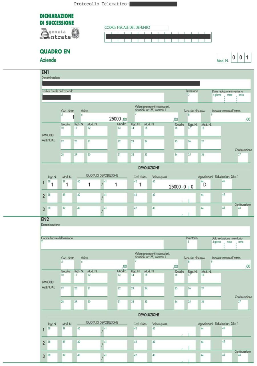 Documento di esempio Dichiarazione di Successione