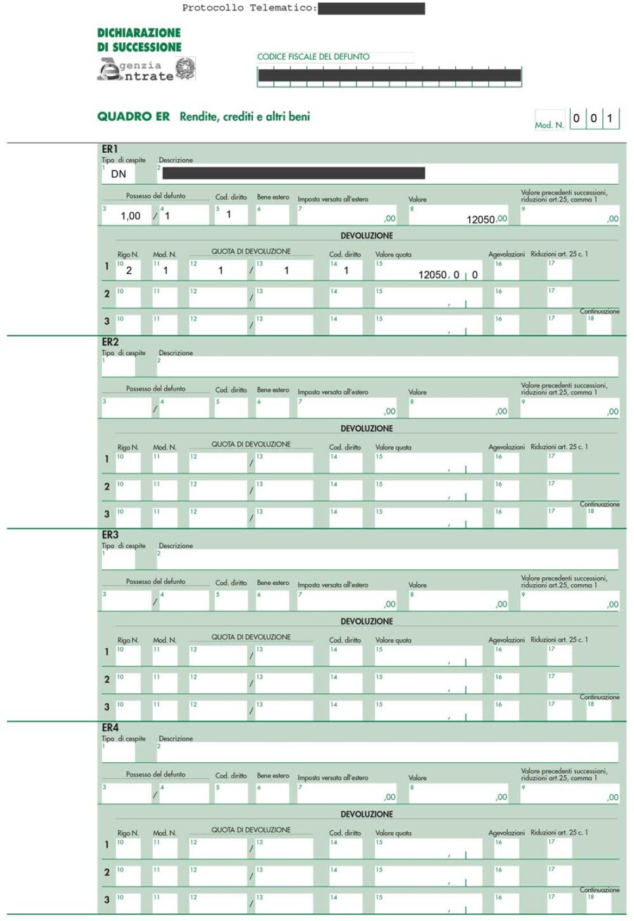 Documento di esempio Dichiarazione di Successione