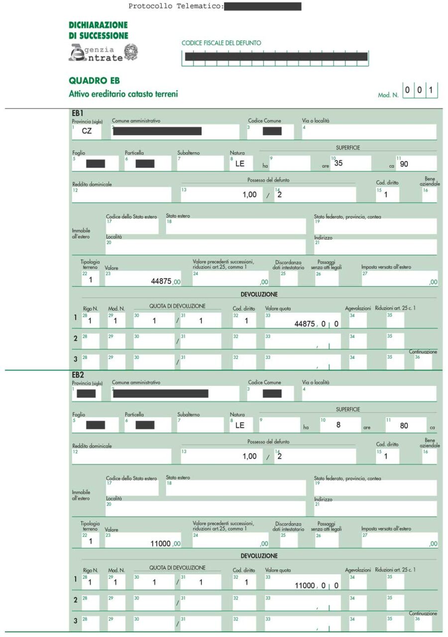 Documento di esempio Dichiarazione di Successione