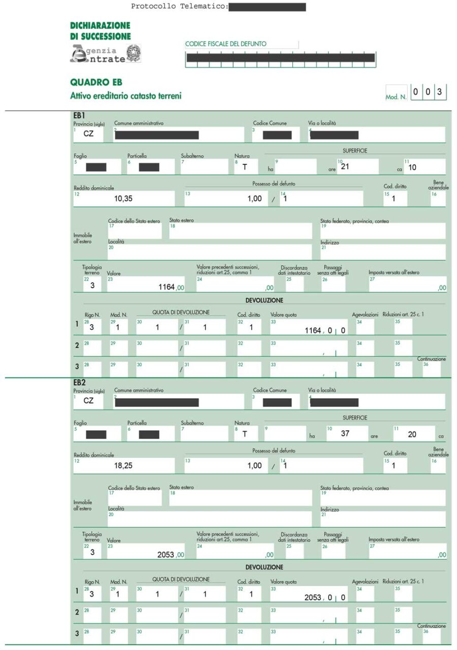 Documento di esempio Dichiarazione di Successione