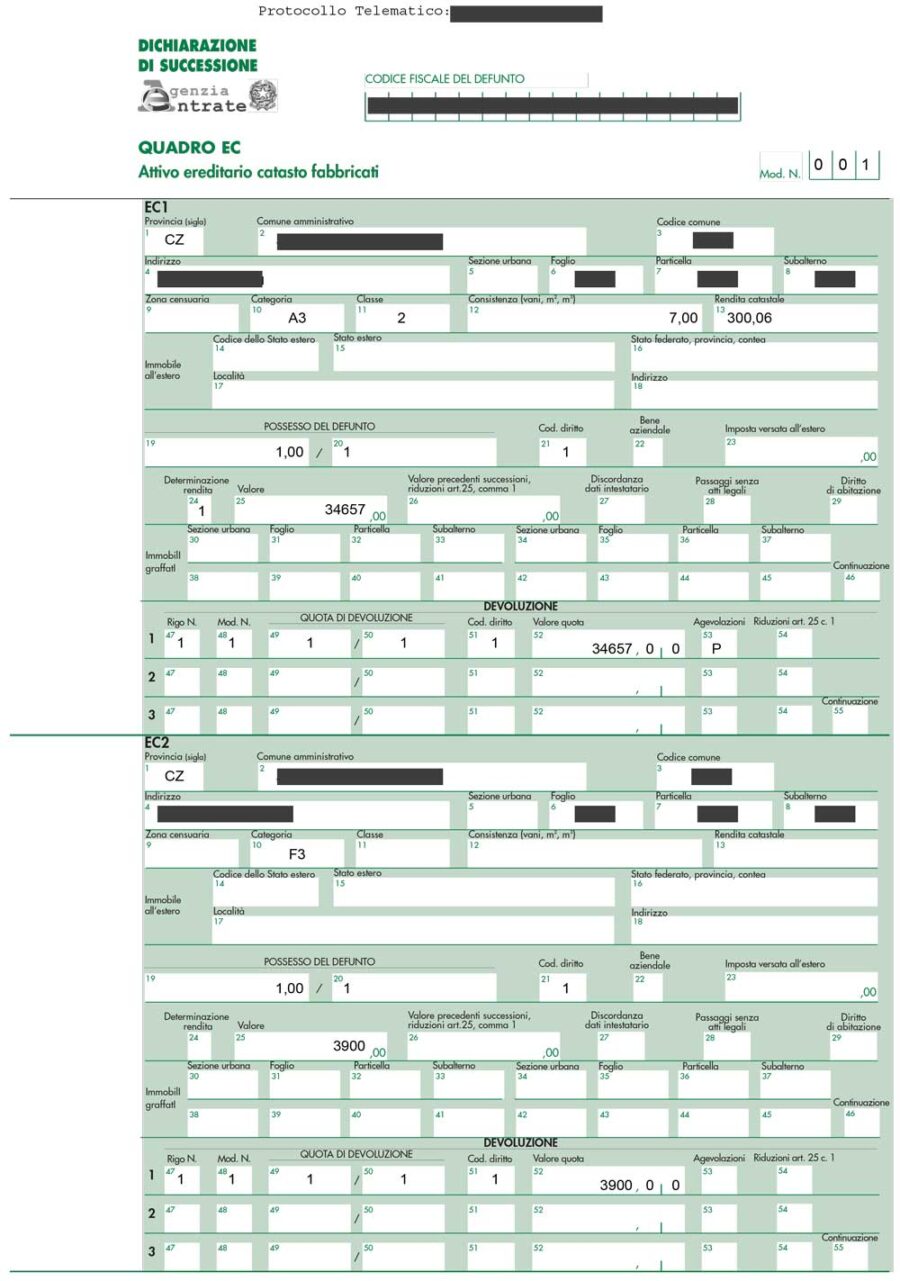 Documento di esempio Dichiarazione di Successione