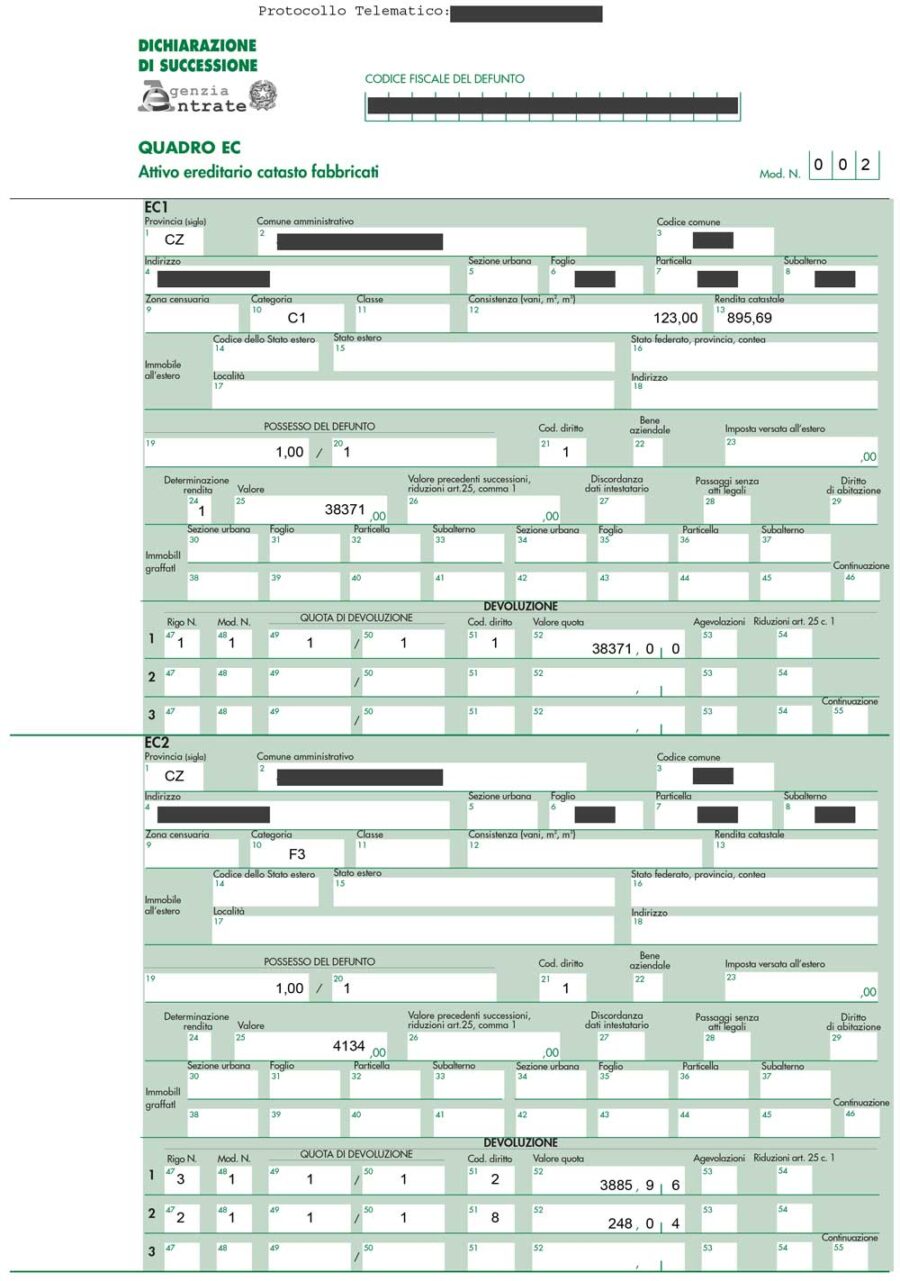 Documento di esempio Dichiarazione di Successione